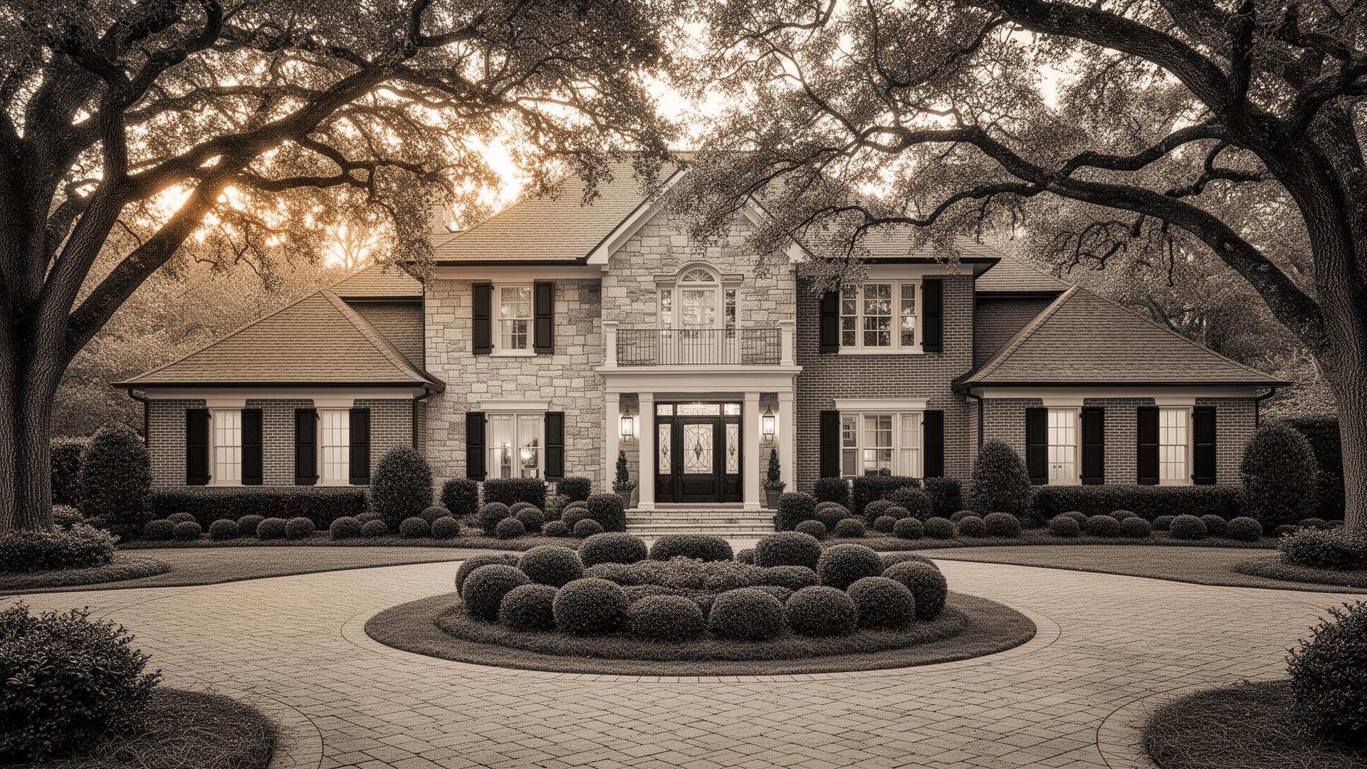 Modern traditional luxury home with circular drive and mature landscaping